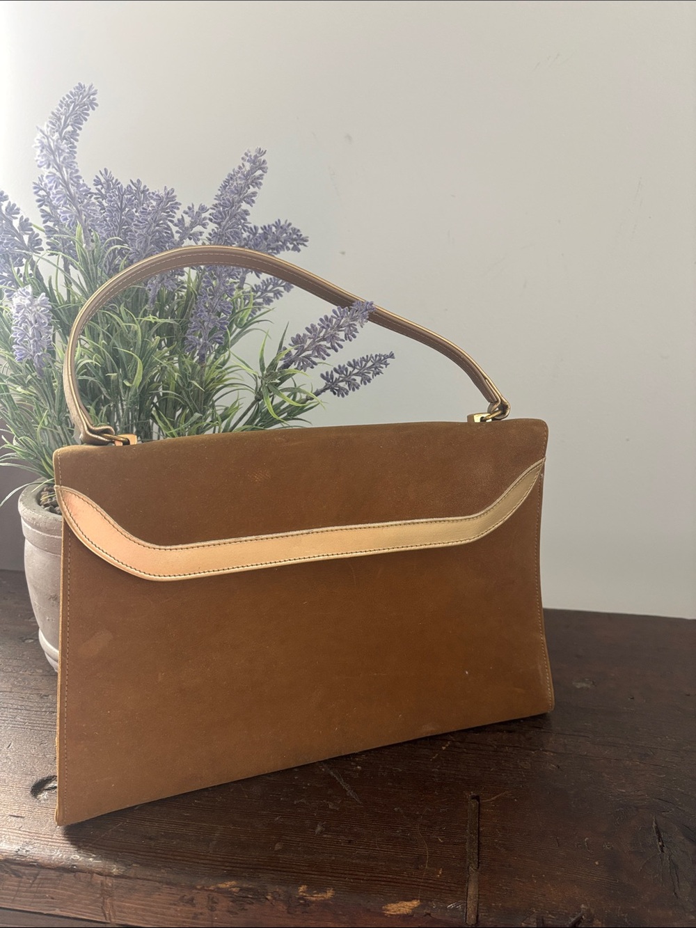 VTG 1950s 1960s Mid Century Brown Suede Structured Top Handle Handbag Purse